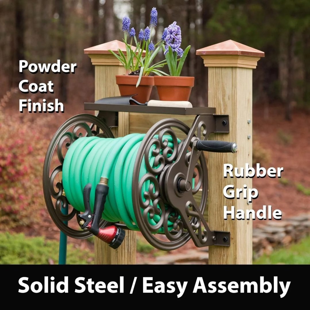 ZenVora Steel Decorative Wall Mount Garden Hose Reel, Outdoor Garden Hose Storage Holder for Patio and Yard
