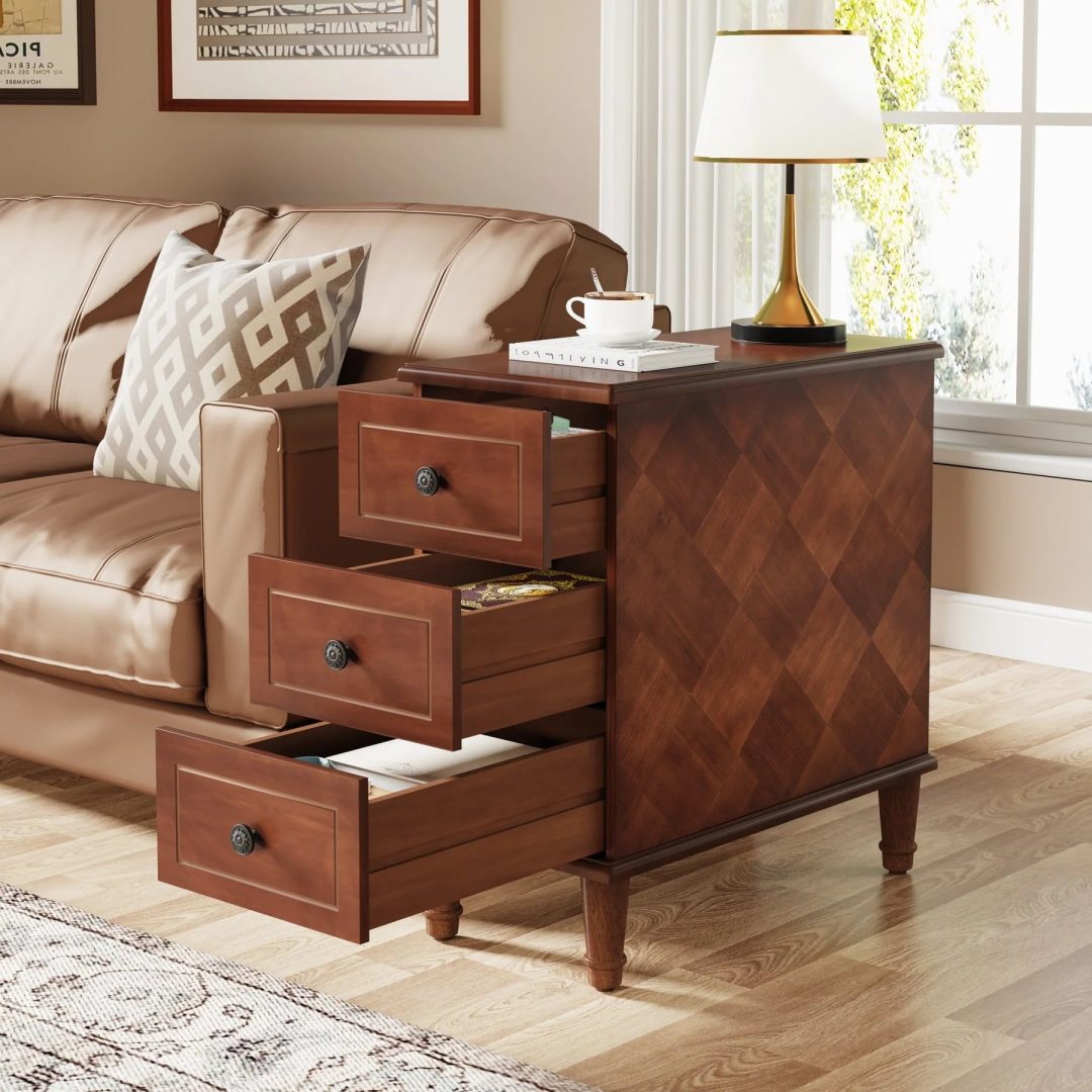 ZenVora Fully Assembled Narrow End Table, Solid Wood Side Table with 3 Drawers, Vintage Nightstand for Small Spaces