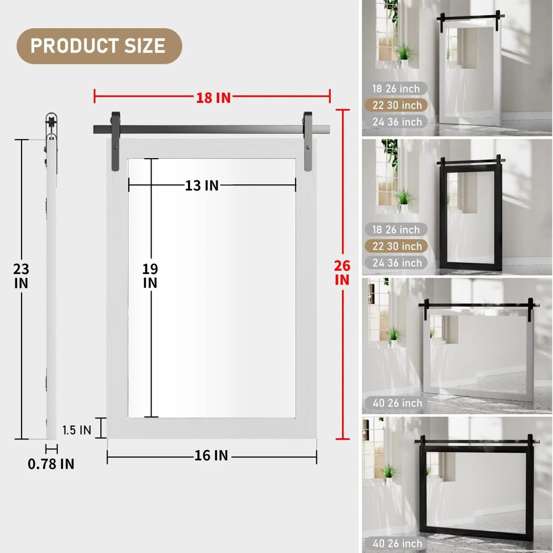 ZenVora Modern Rectangular Wall Mirror with Wood Frame, Bathroom and Barn Door Mirror, Multiple Sizes