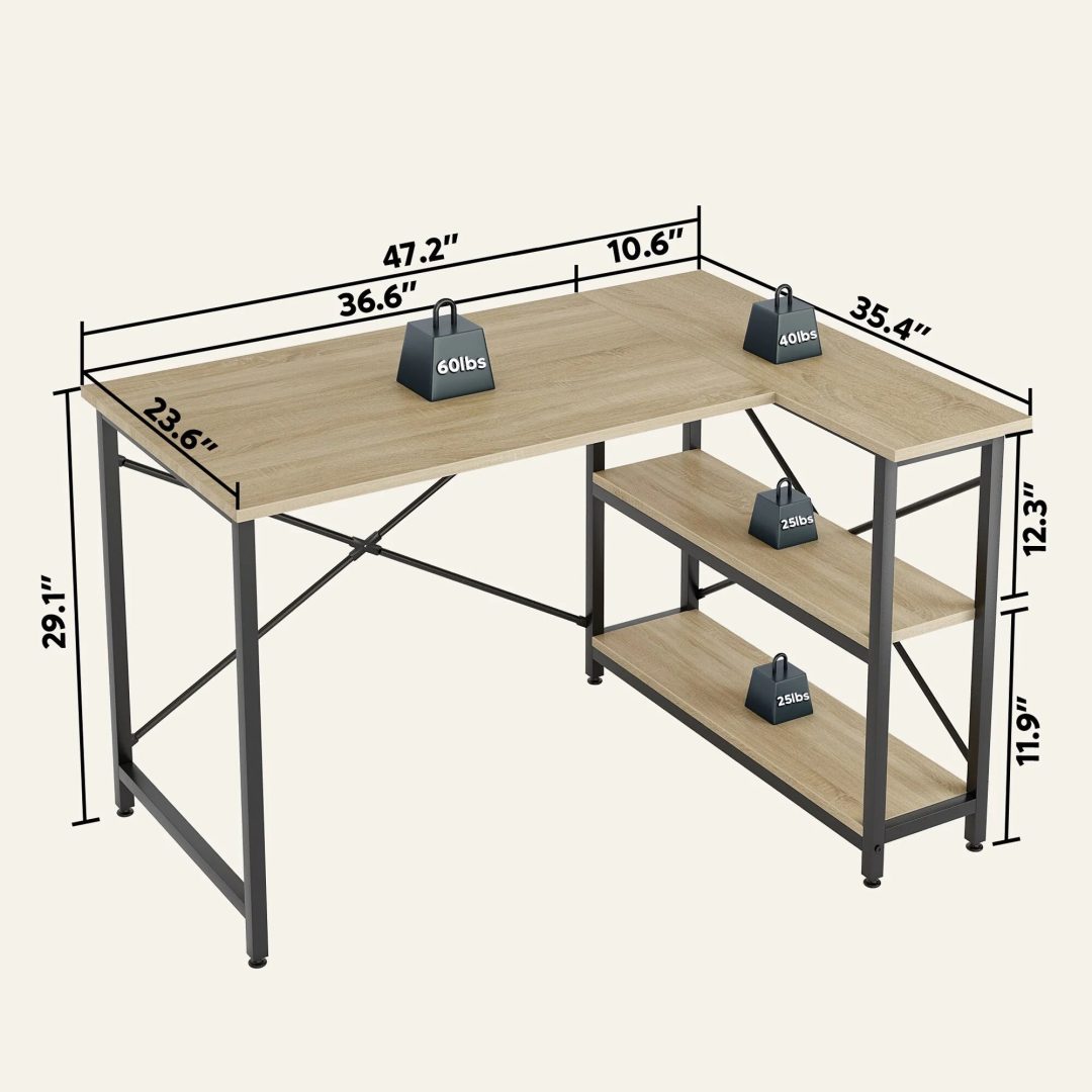 ZenVora Small L Shaped Computer Desk with Storage Shelves, Compact Corner Workstation for Home Office and Study