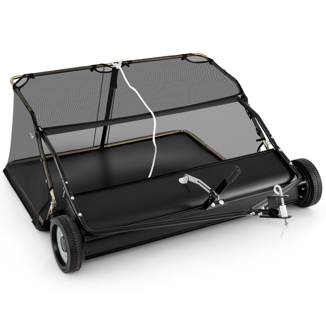 ZenVora Tow Behind Lawn Sweeper – Large-Capacity Hopper Bag for Yard Cleanup