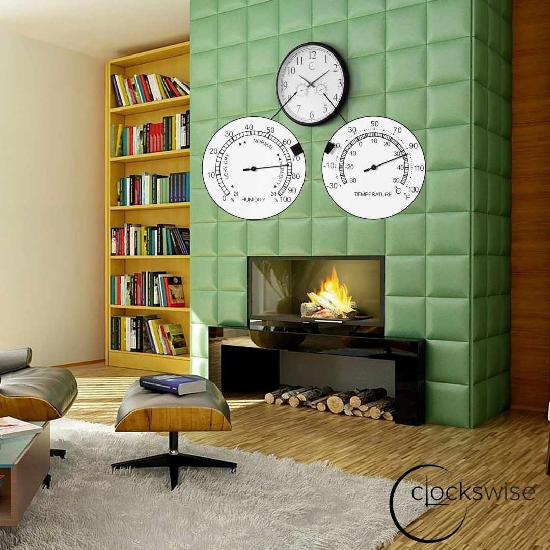 Large Outdoor Wall Clock with Thermometer, Waterproof Silent Garden Weather Station, Black