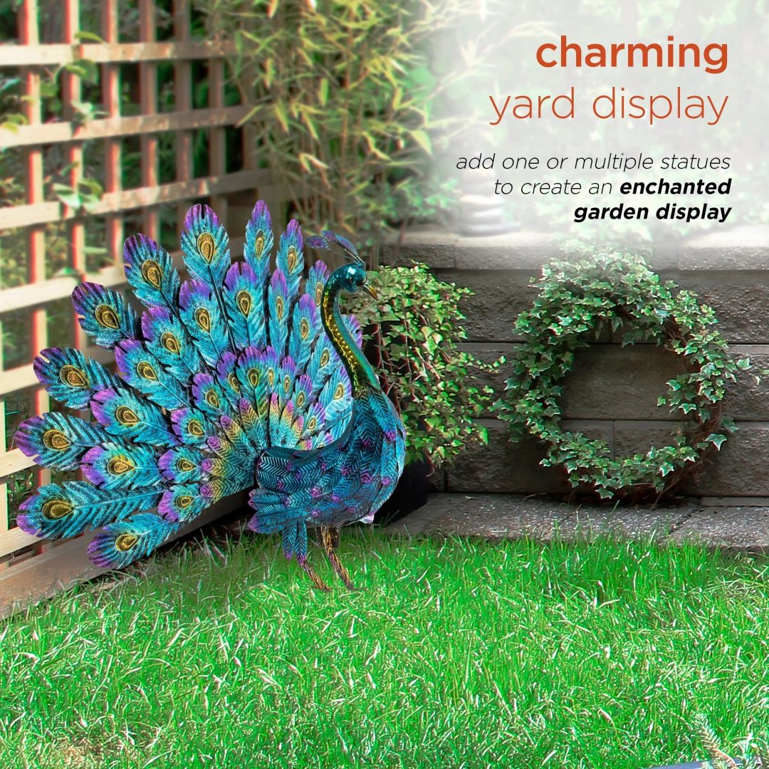 ZenVora Tall Metallic Peacock Garden Statue, Multicolor Outdoor Standing Bird Sculpture for Yard, Patio and Garden Decoration
