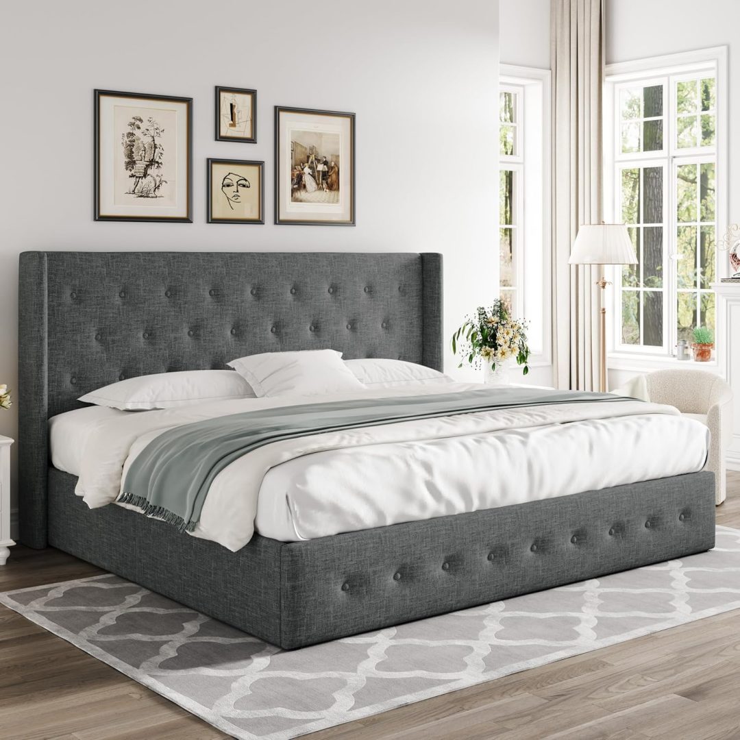 ZenVora Queen Size Lift Up Storage Bed with Wingback Headboard, Upholstered Platform Bed Frame with Hidden Storage