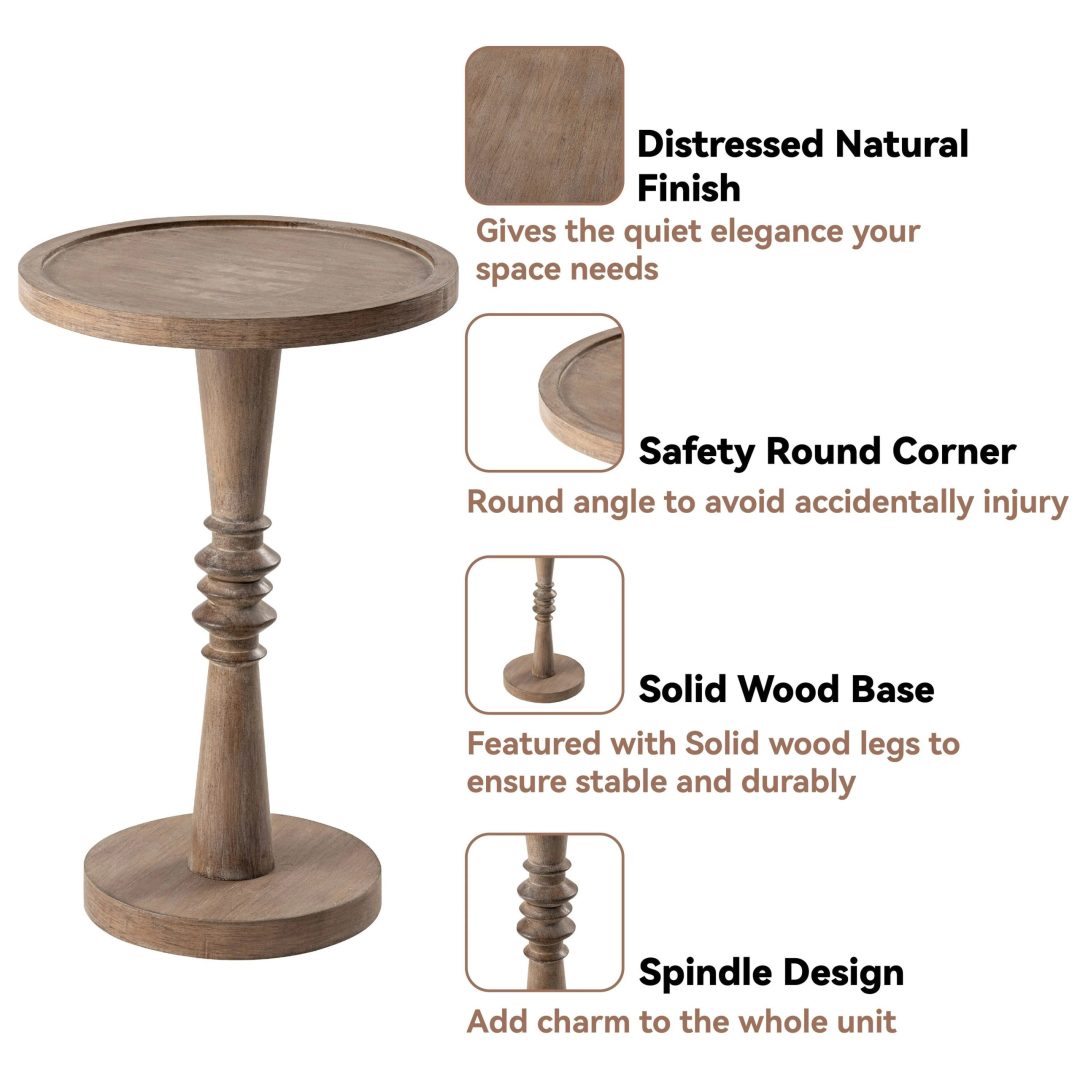 ZenVora Small Pedestal End Table with Tray Top, Farmhouse Distressed Finish Accent Table