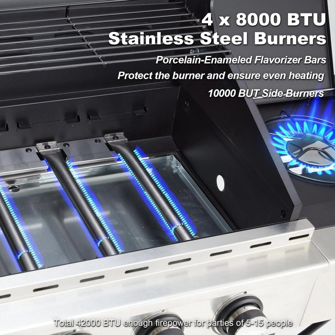ZenVora 4-Burner Propane Gas Grill with Cast Iron Grates, Side Stove and 44,000 BTU Stainless Steel Burners