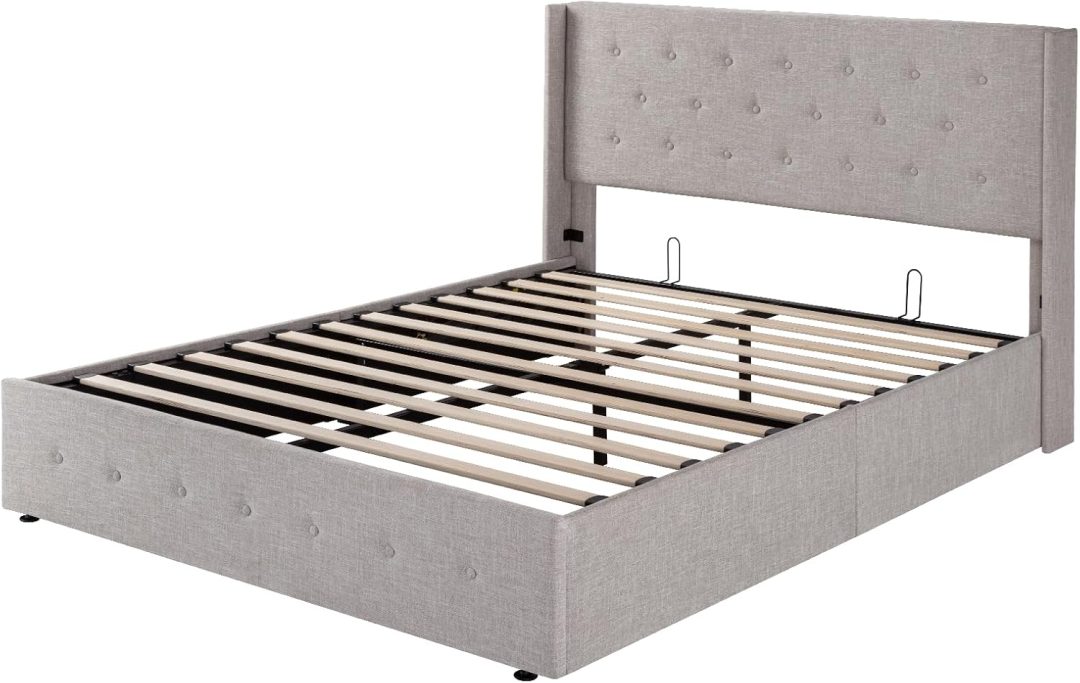 ZenVora Queen Size Lift Up Storage Bed with Wingback Headboard, Upholstered Platform Bed Frame with Hidden Storage