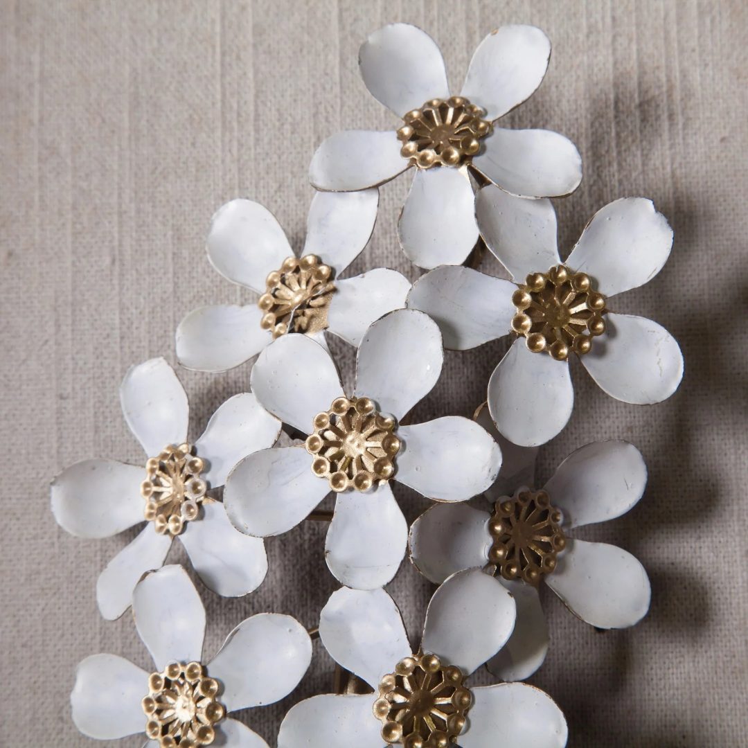 ZenVora Set of 2 White and Gold Metal Flower Wall Decor with Wood Frames, Decorative Floral Wall Art