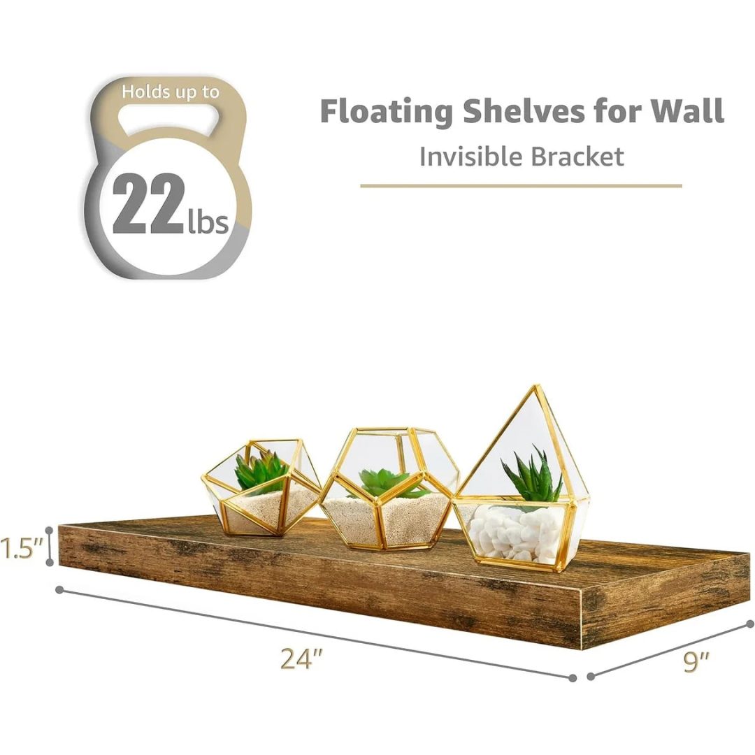 ZenVora Set of 3 Floating Wood Wall Shelves, Wall Mounted Display and Storage Shelves with Invisible Brackets for Books and Home Decor