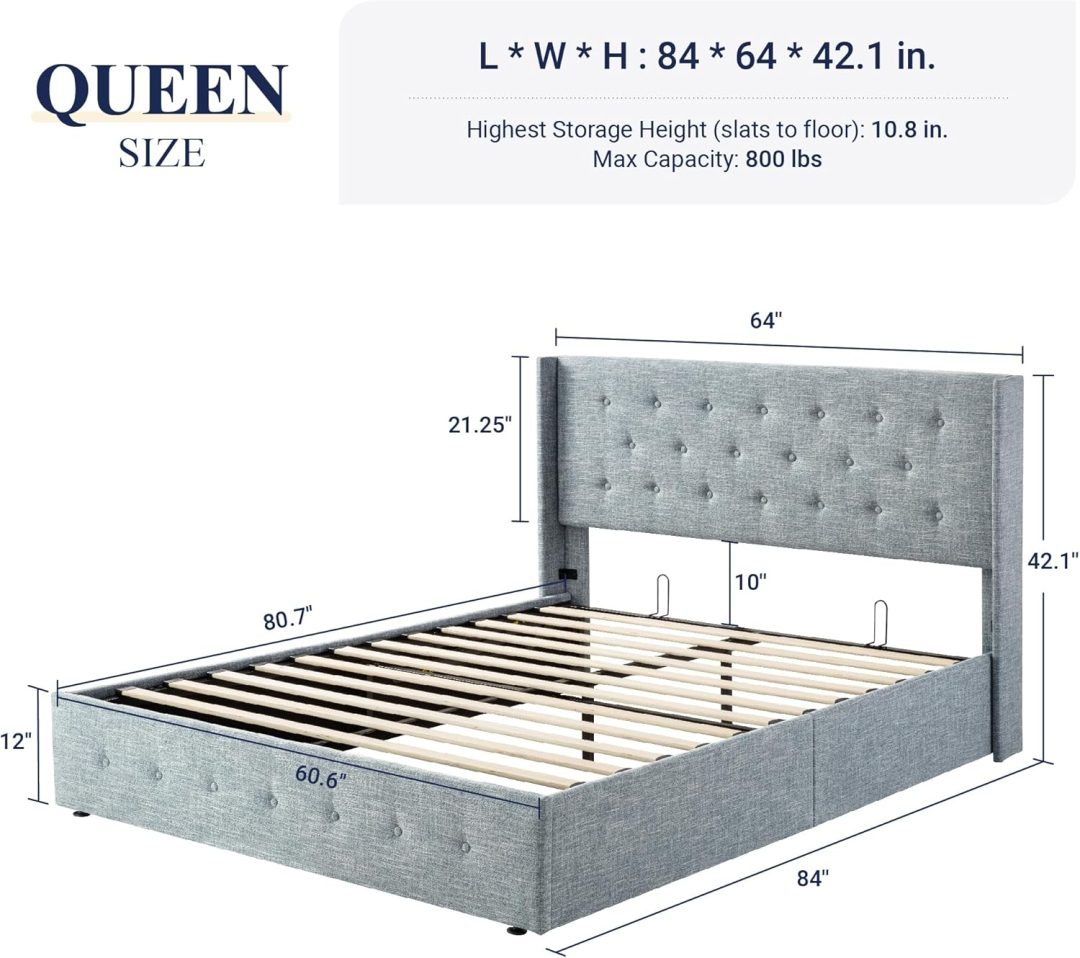 ZenVora Queen Size Lift Up Storage Bed with Wingback Headboard, Upholstered Platform Bed Frame with Hidden Storage
