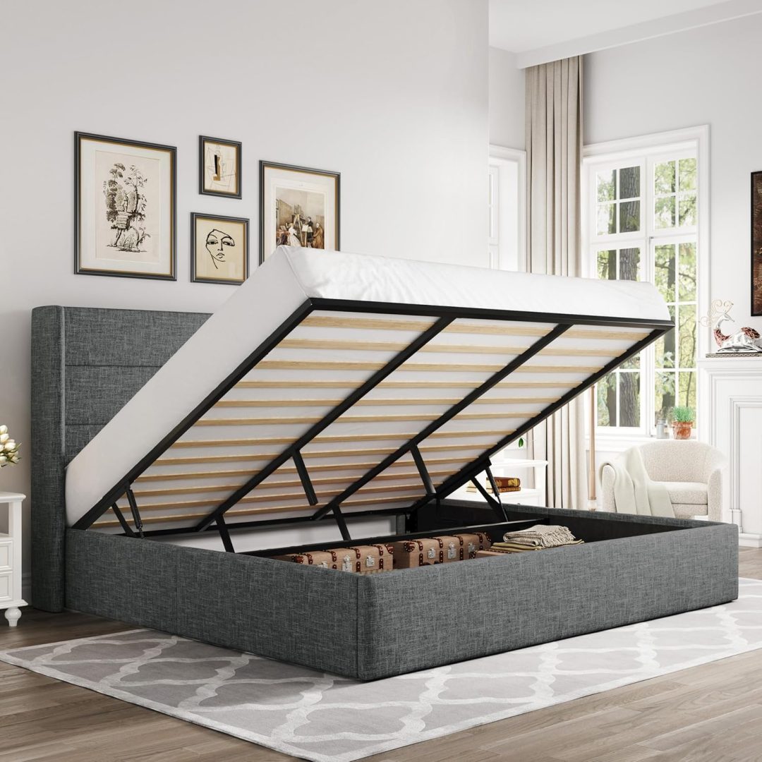 ZenVora Queen Size Lift Up Storage Bed with Wingback Headboard, Upholstered Platform Bed Frame with Hidden Storage