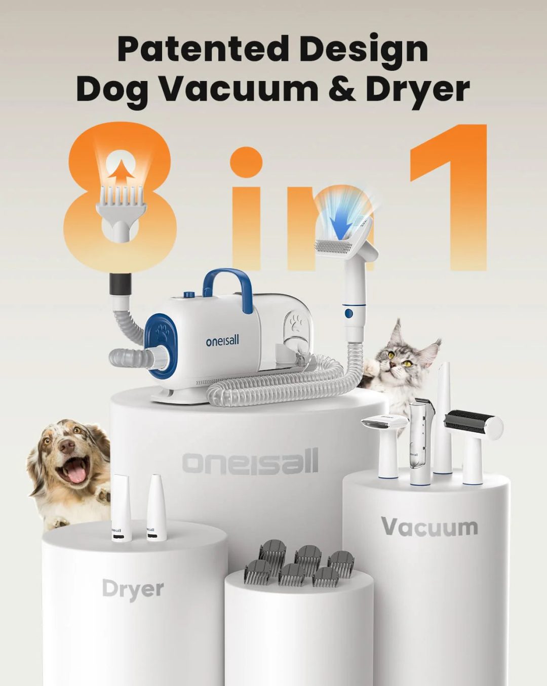 ZenVora 8-in-1 Dog Grooming Vacuum & Dryer, Pet Shedding and Grooming Kit for Hair Removal, Clipping and Drying
