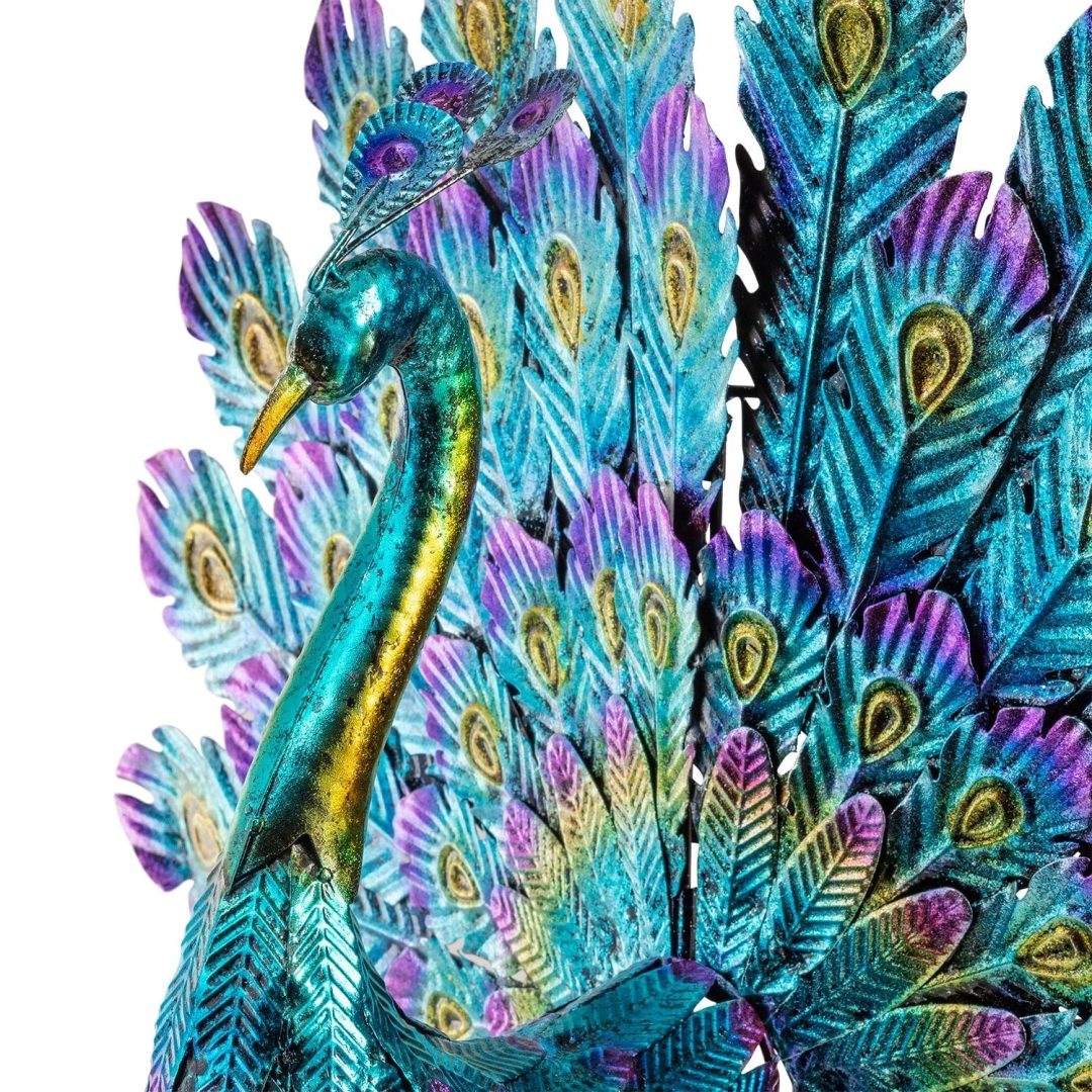 ZenVora Tall Metallic Peacock Garden Statue, Multicolor Outdoor Standing Bird Sculpture for Yard, Patio and Garden Decoration