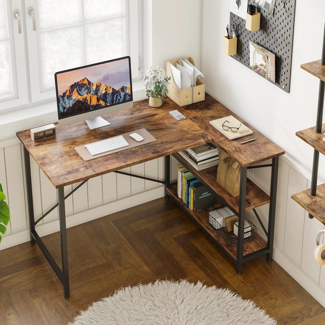 ZenVora Small L Shaped Computer Desk with Storage Shelves, Compact Corner Workstation for Home Office and Study