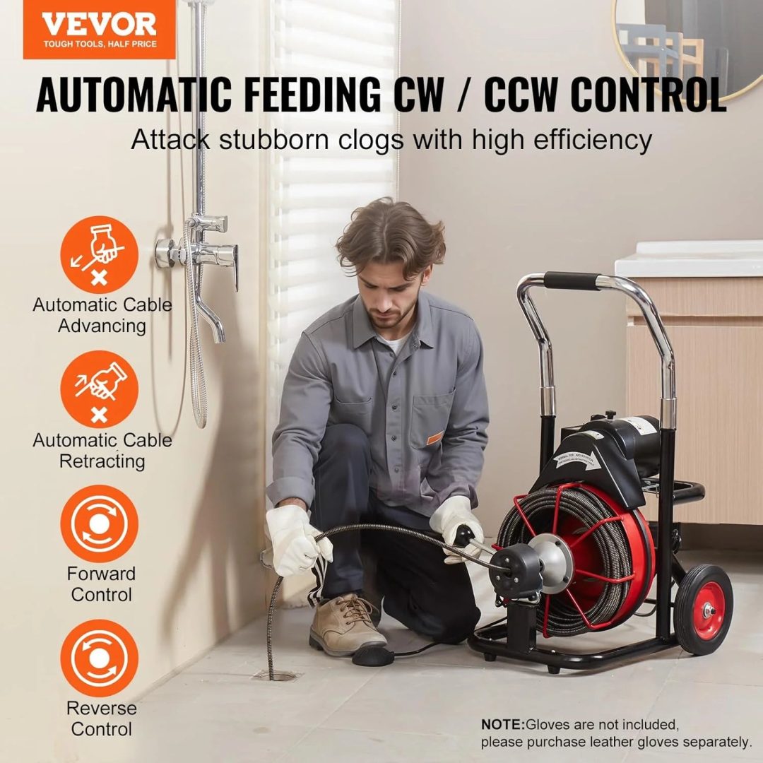 ZenVora 550W Drain Cleaning Machine, 100-Ft. x 1/2-Inch Sewer Snake Auger with 8 Cutters, Wheels and Foot Switch, for 2-4-Inch Pipes