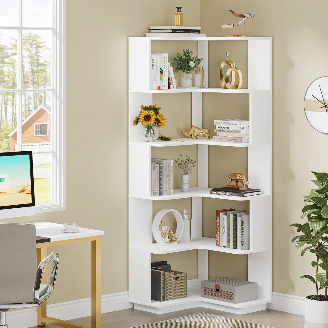 ZenVora 64.9 Inch Tall 6-Tier Corner Bookshelf, Freestanding Wood Industrial Bookcase