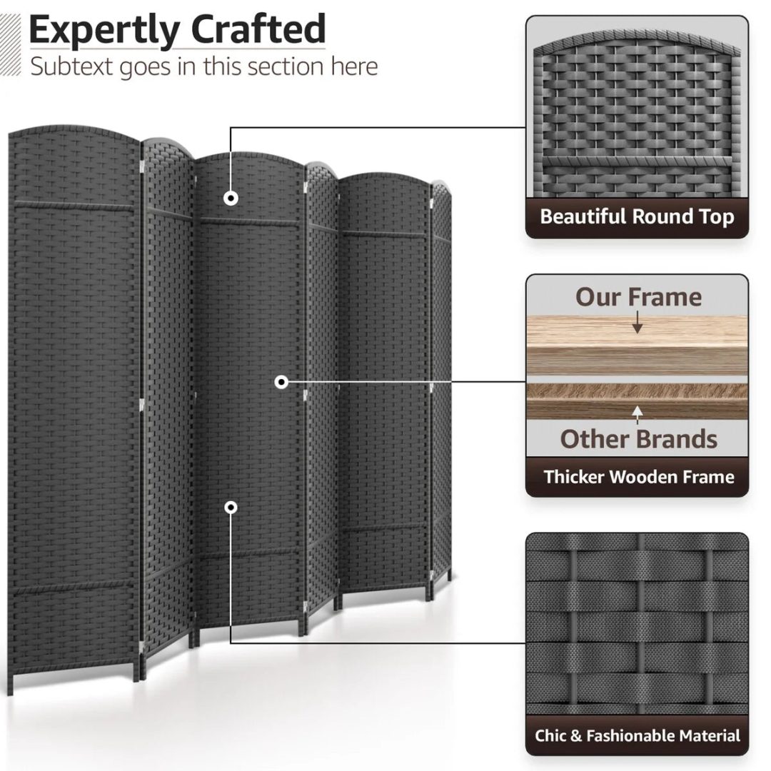 ZenVora 6 Panel Room Divider, 6ft Tall Extra Wide Folding Privacy Screen with Hand-Woven Mesh Panels