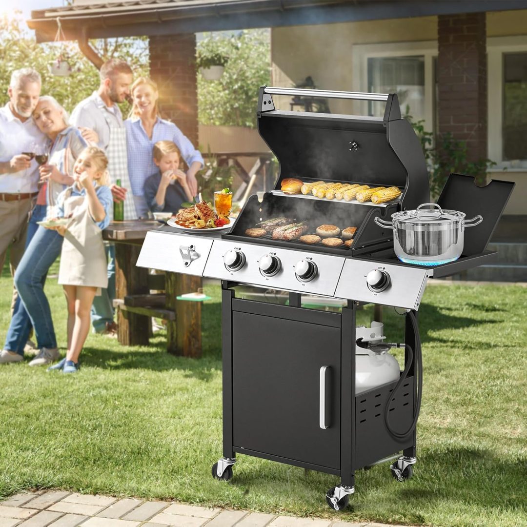ZenVora 4-Burner Propane Gas Grill with Cast Iron Grates, Side Stove and 44,000 BTU Stainless Steel Burners