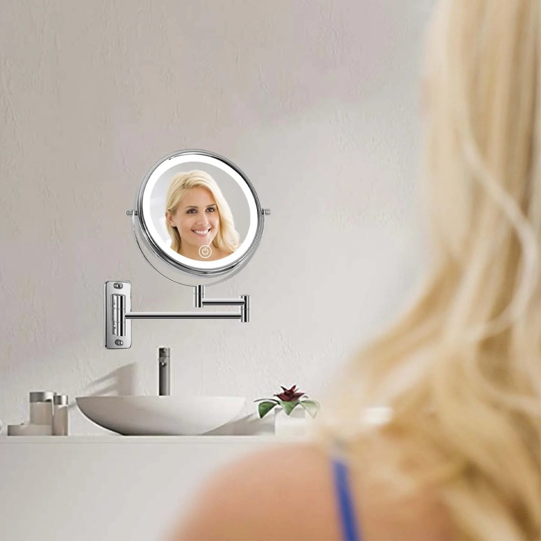 ZenVora 8 Inch Round Wall Mounted Makeup Mirror, Rechargeable, 1X/10X Magnification, 3-Color LED Lights