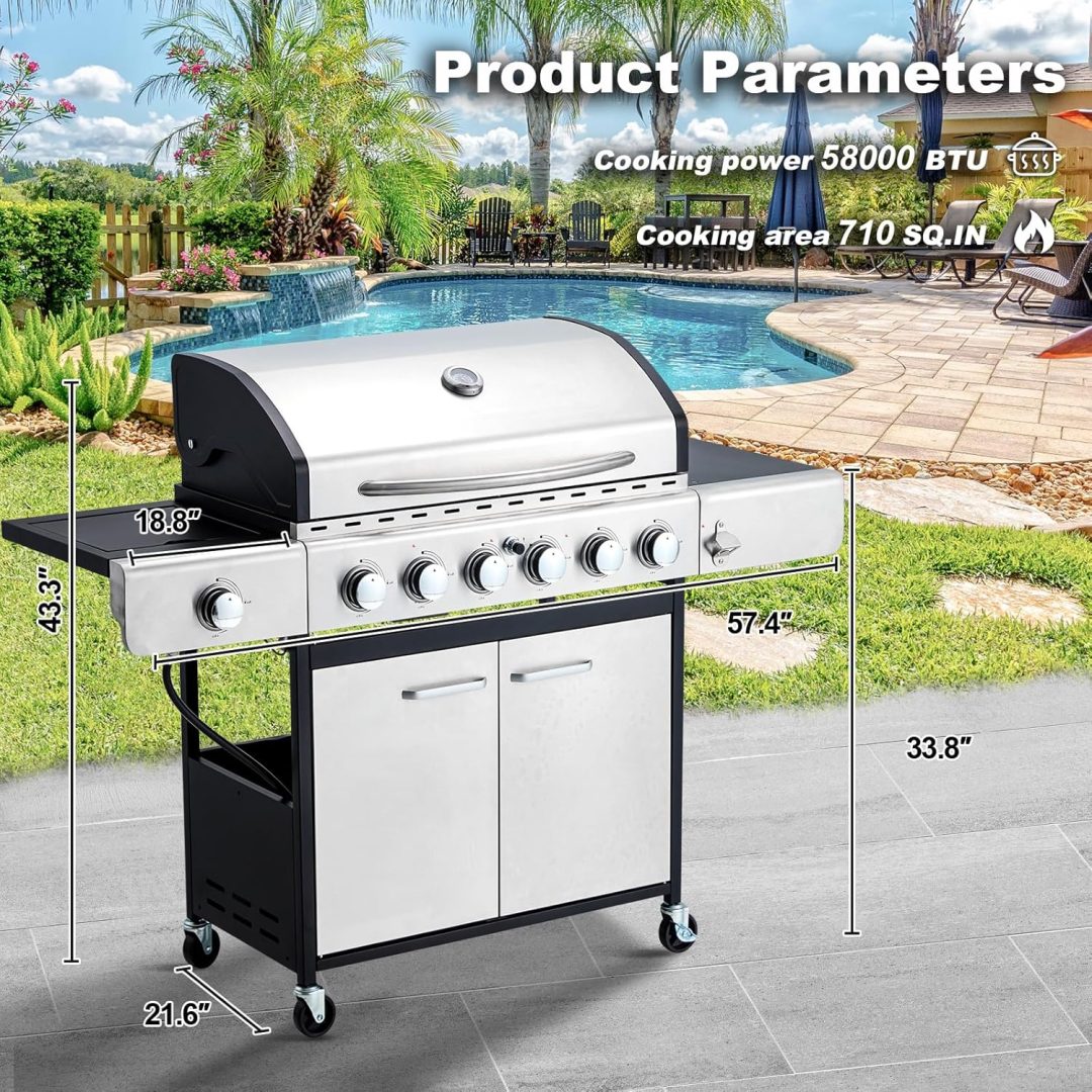 ZenVora 4-Burner Propane Gas Grill with Cast Iron Grates, Side Stove and 44,000 BTU Stainless Steel Burners