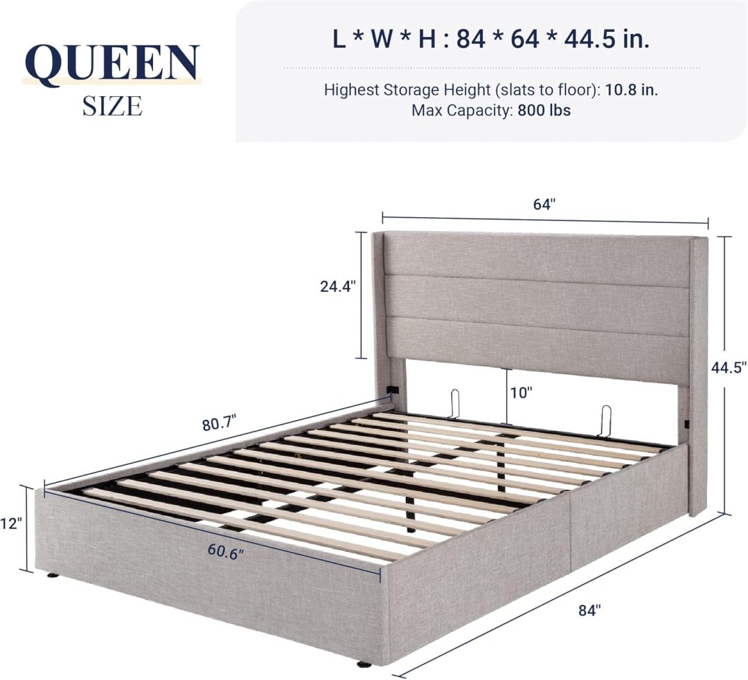 ZenVora Queen Size Lift Up Storage Bed with Wingback Headboard, Upholstered Platform Bed Frame with Hidden Storage