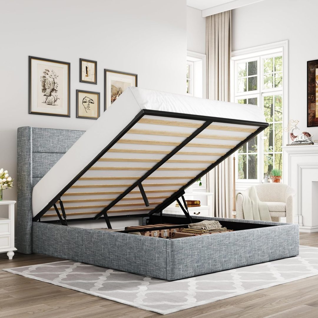 ZenVora Queen Size Lift Up Storage Bed with Wingback Headboard, Upholstered Platform Bed Frame with Hidden Storage
