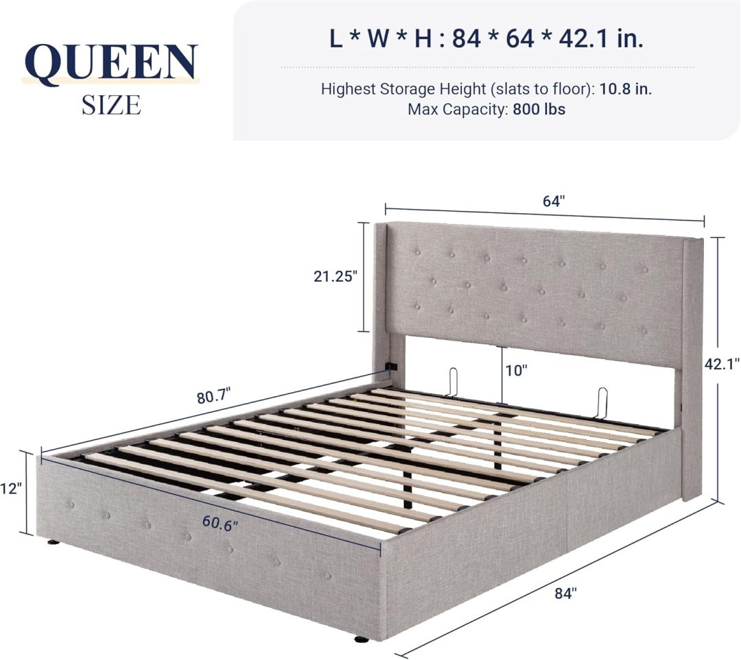 ZenVora Queen Size Lift Up Storage Bed with Wingback Headboard, Upholstered Platform Bed Frame with Hidden Storage