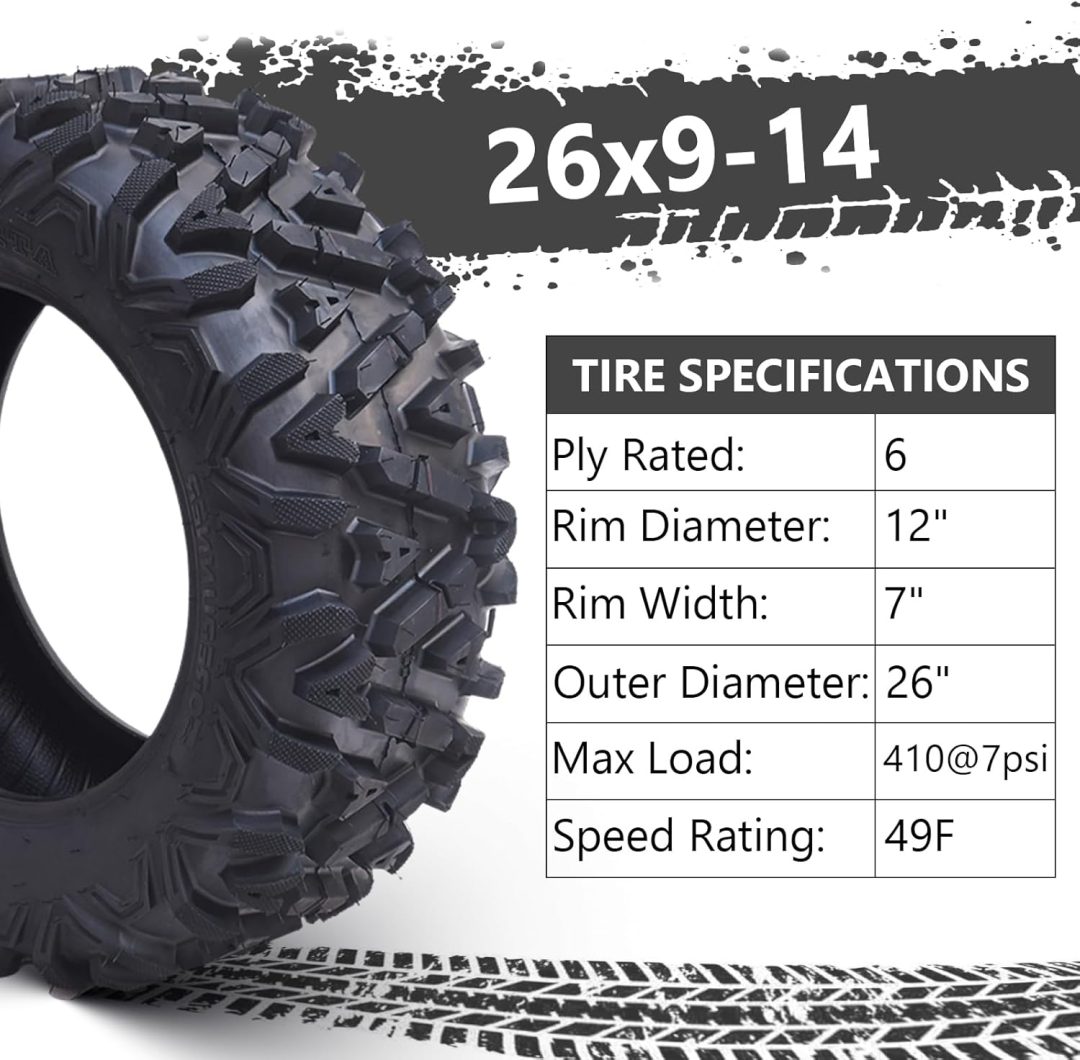 ZenVora Set of 2 26x12-12 6PR All-Terrain ATV/UTV Off-Road Tires, Black