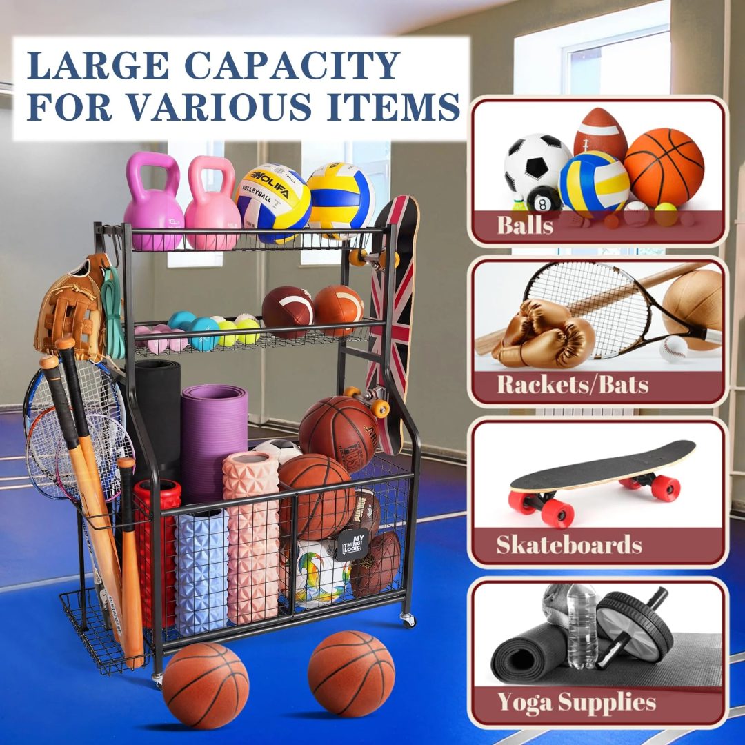 ZenVora Garage Ball Storage Organizer for Sports Equipment, Sports Ball Rack for Home, Garage and Gym
