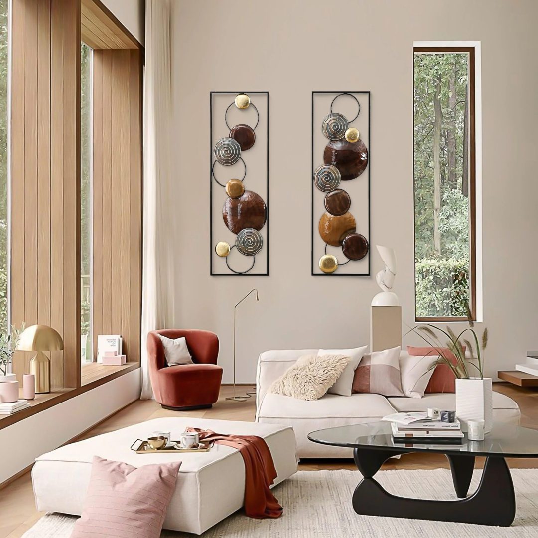 ZenVora Set of 2 Modern Gold and Brown Metal Wall Decor, Abstract Decorative Wall Art for Living Room, Bedroom and Home Decoration