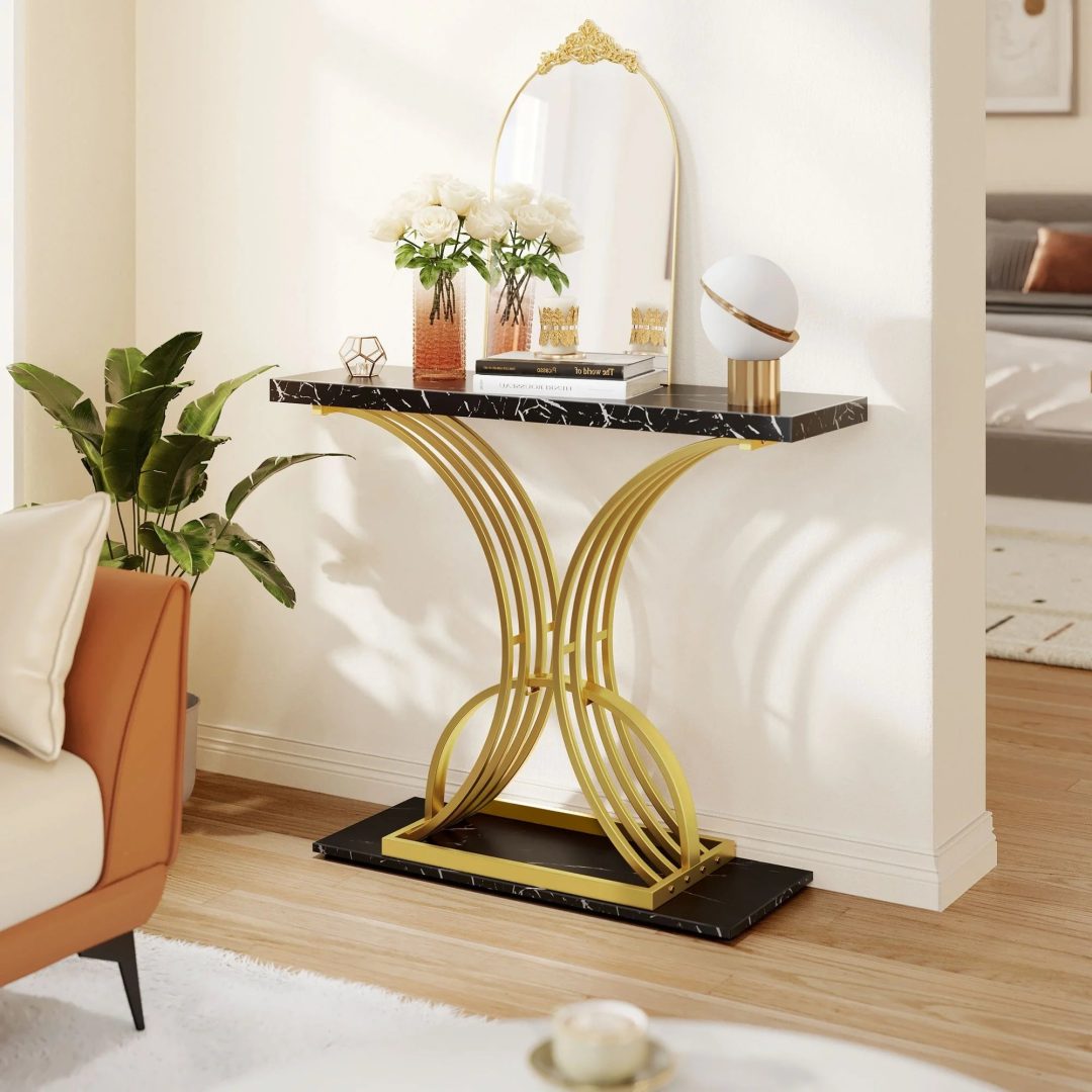 ZenVora Modern Gold Console Table with Marbled Top, Sofa Table for Entryway and Hallway