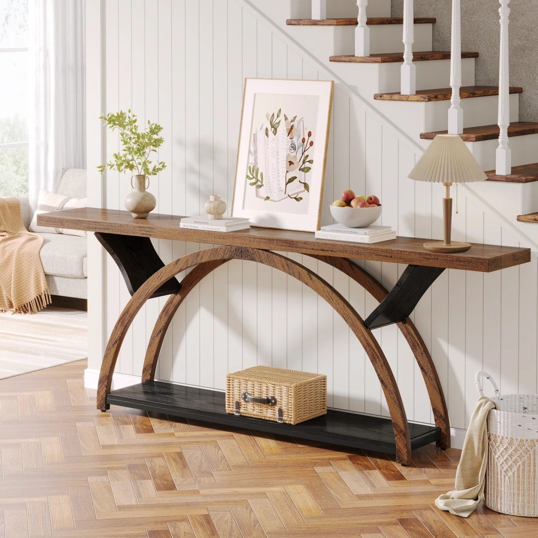 ZenVora Gray 2-Tier Slim Console Sofa Table, Semi-Circular Metal Frame for Hallway
