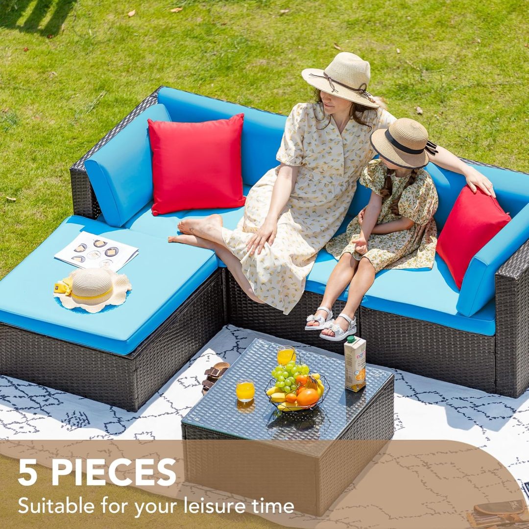 ZenVora 5-Piece All-Weather Patio Furniture Set with Cushions, Outdoor Wicker Conversation Sofa Set for Garden, Deck & Backyard