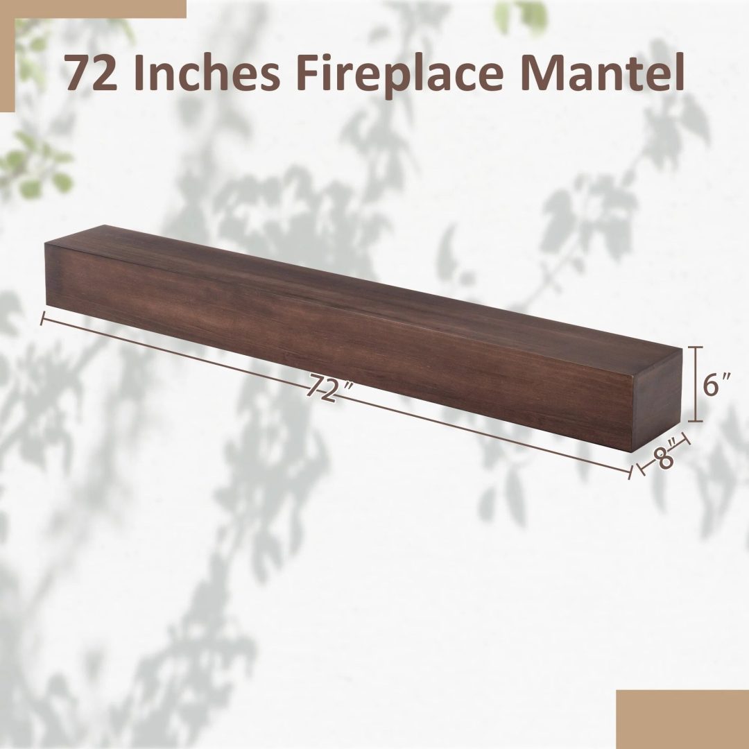 ZenVora 72 Inch Solid Pine Fireplace Mantel, Wall Mounted Floating Shelf in Brown