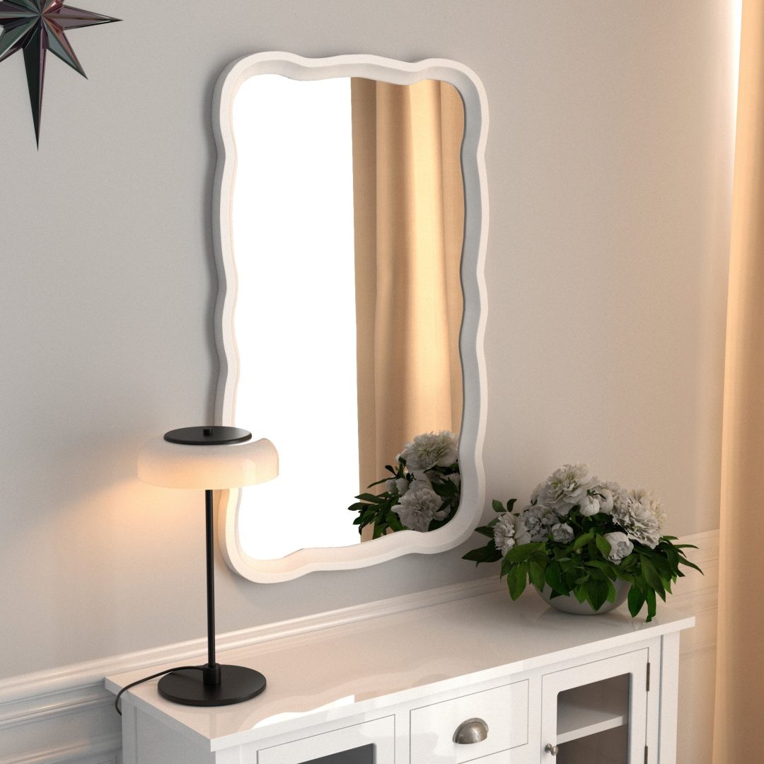 ZenVora Curved Scallop Wood Frame Accent Mirror, Modern Decorative Wall Mirror for Living Room, Bedroom and Entryway