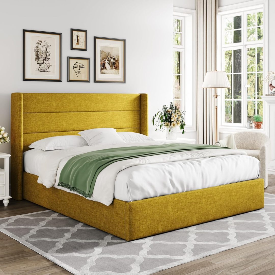 ZenVora Queen Size Lift Up Storage Bed with Wingback Headboard, Upholstered Platform Bed Frame with Hidden Storage