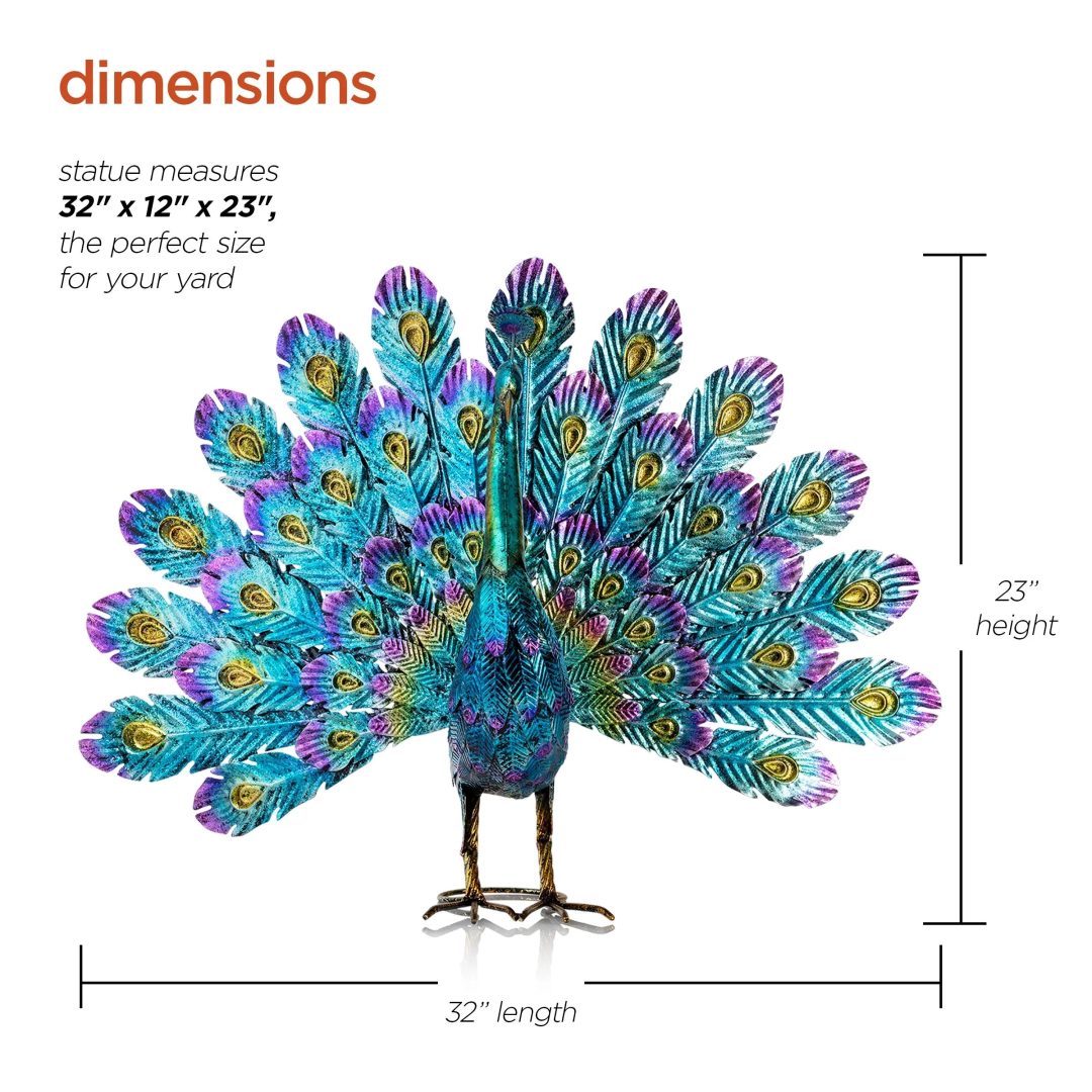 ZenVora Tall Metallic Peacock Garden Statue, Multicolor Outdoor Standing Bird Sculpture for Yard, Patio and Garden Decoration