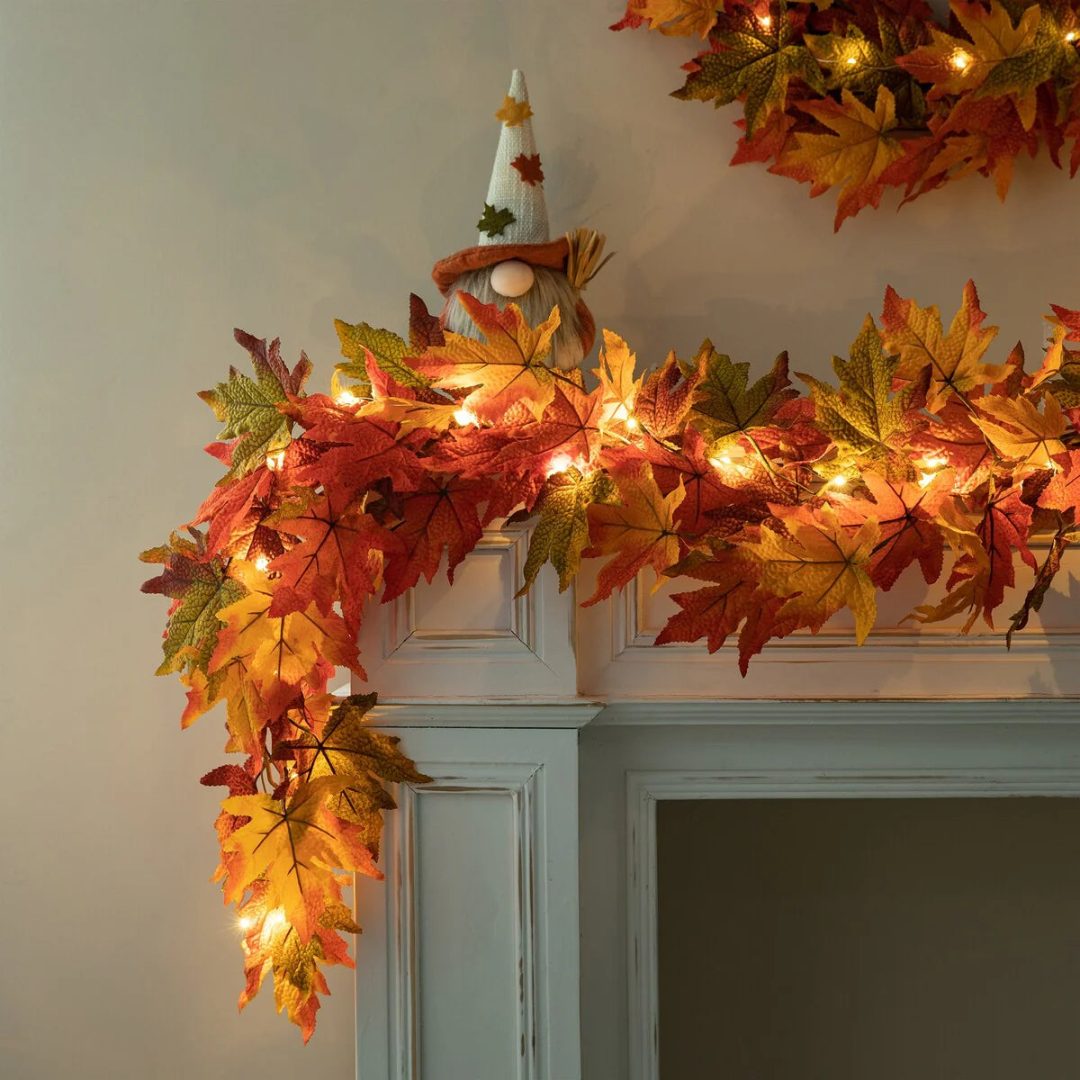 ZenVora Thanksgiving LED Lighted Fall Maple Leaf Wreath and Garland - Autumn Home Decor