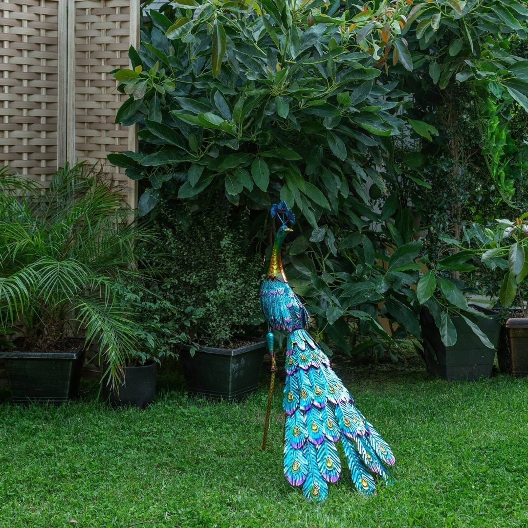 ZenVora Tall Metallic Peacock Garden Statue, Multicolor Outdoor Standing Bird Sculpture for Yard, Patio and Garden Decoration