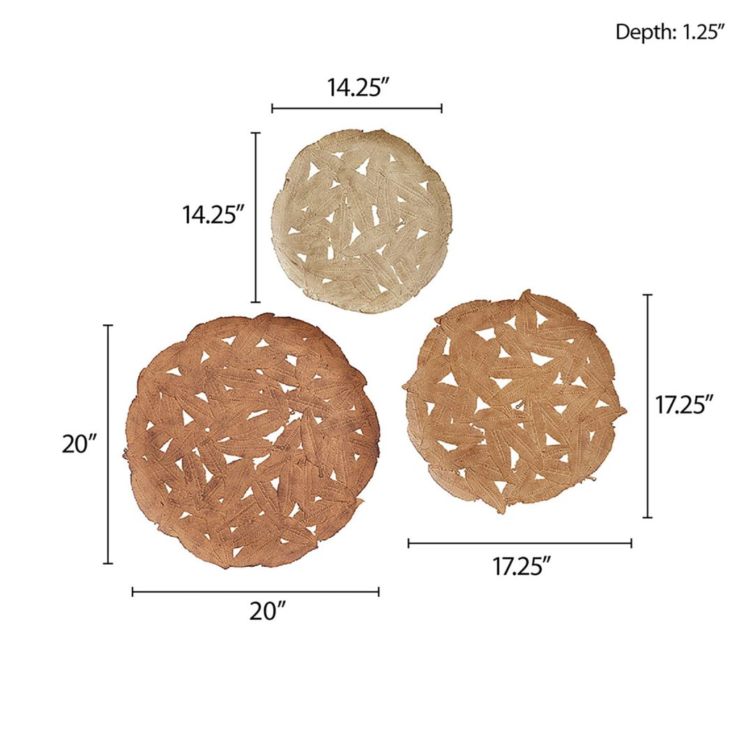 ZenVora Textured Feather 3-Piece Metal Disc Wall Decor Set, Decorative Wall Art for Home
