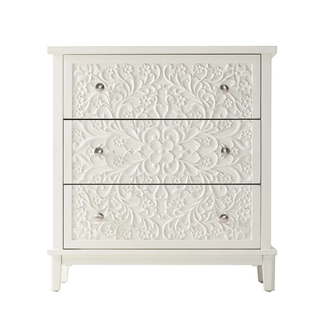 Farmhouse Fully Assembled Nightstand with 2 Drawers, Flower Motif End Table for Small Spaces