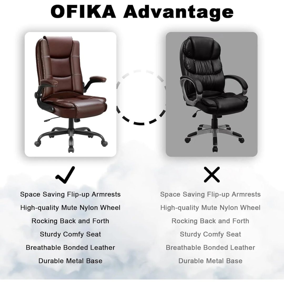 ZenVora Big and Tall Ergonomic Office Chair, High Back Leather Executive Computer Chair with Padded Flip-Up Arms