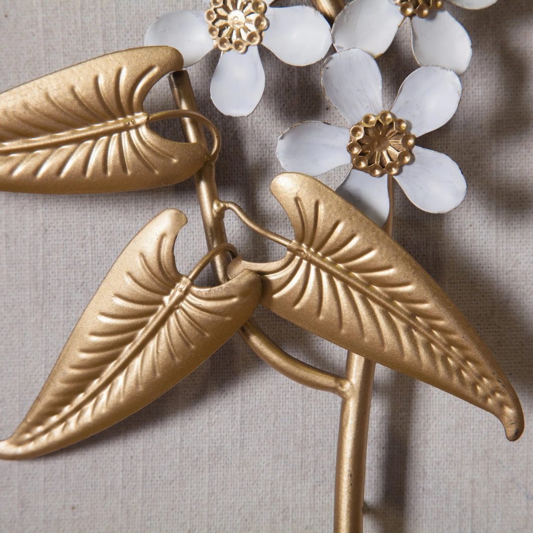 ZenVora Set of 2 White and Gold Metal Flower Wall Decor with Wood Frames, Decorative Floral Wall Art