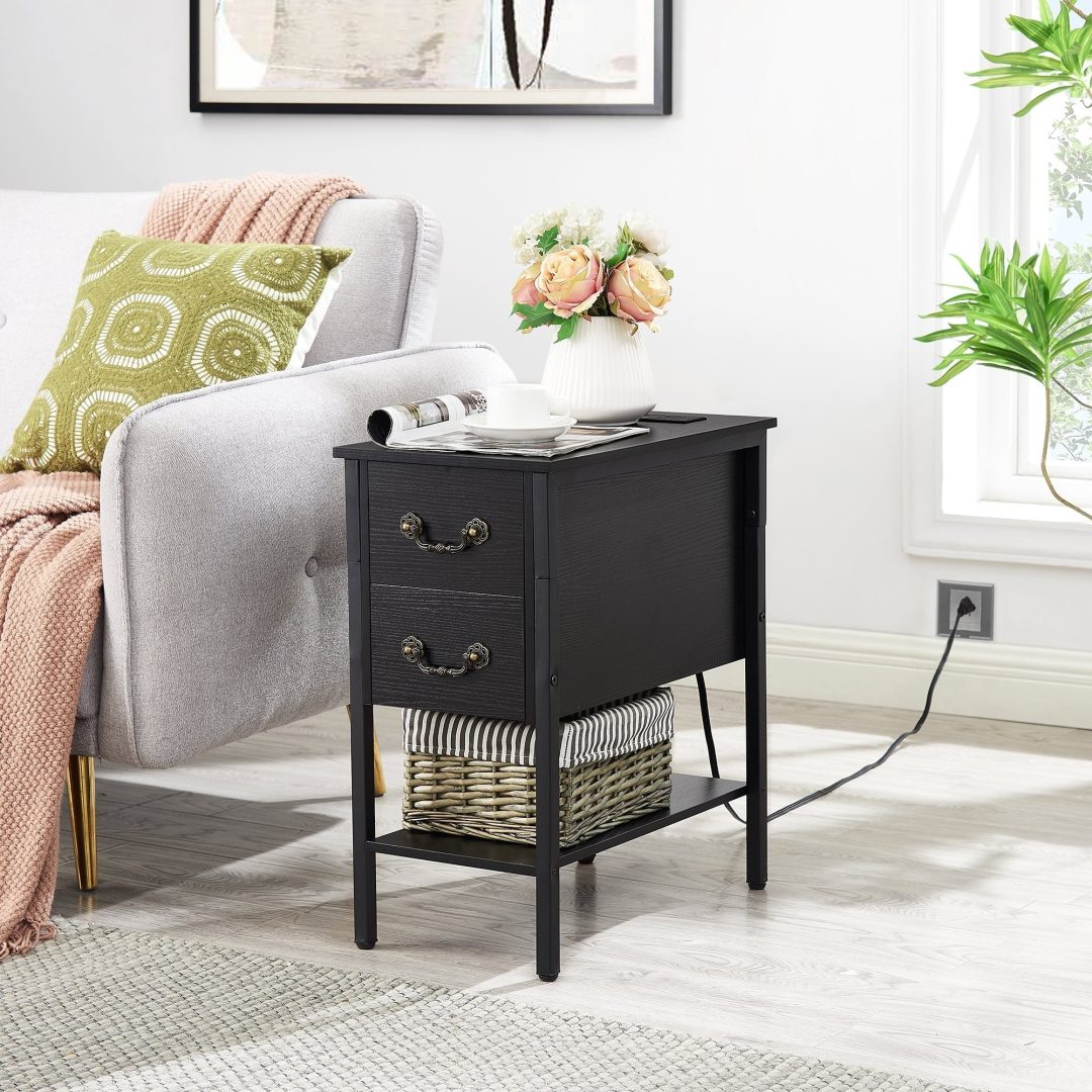 Narrow End Table with Charging Station, Chairside Table with Drawers, USB Ports and Power Outlets
