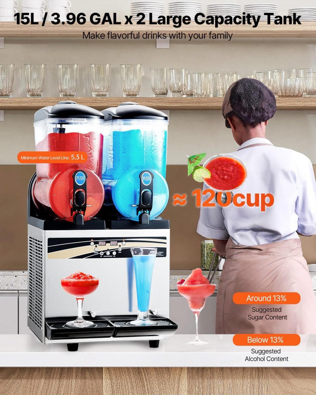 ZenVora 15L x 2 Double-Tank Commercial Slushy Machine, Stainless Steel, Frozen Drink Machine