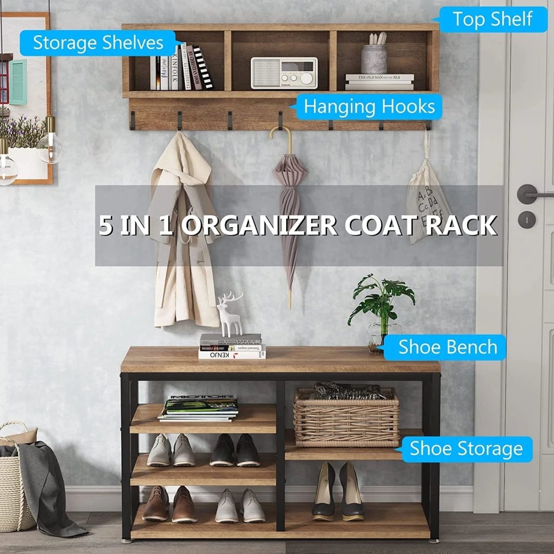 ZenVora Entryway Coat Rack and Shoe Bench Set, Industrial Hall Tree with Coat and Shoe Storage