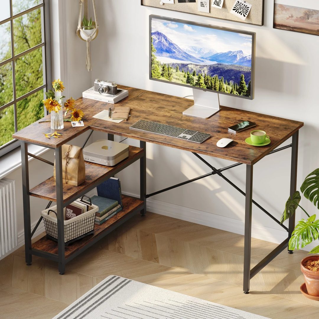 ZenVora Small L Shaped Computer Desk with Storage Shelves, Compact Corner Workstation for Home Office and Study