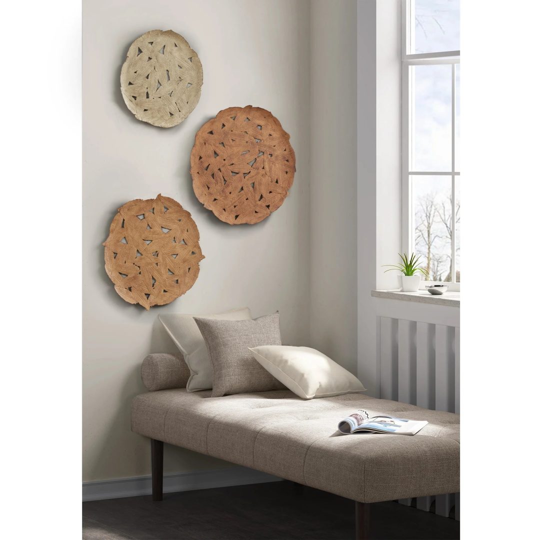 ZenVora Textured Feather 3-Piece Metal Disc Wall Decor Set, Decorative Wall Art for Home