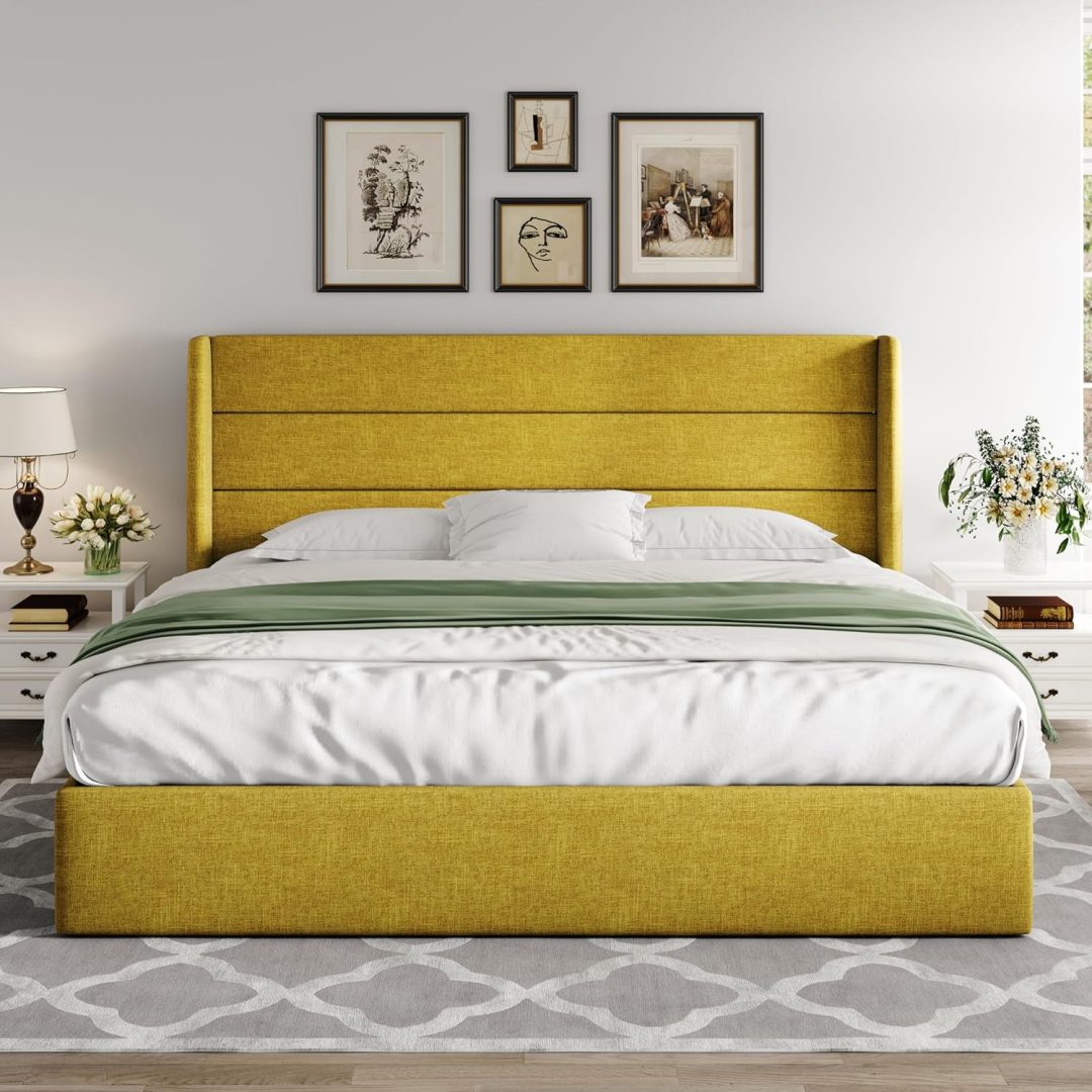 ZenVora Queen Size Lift Up Storage Bed with Wingback Headboard, Upholstered Platform Bed Frame with Hidden Storage