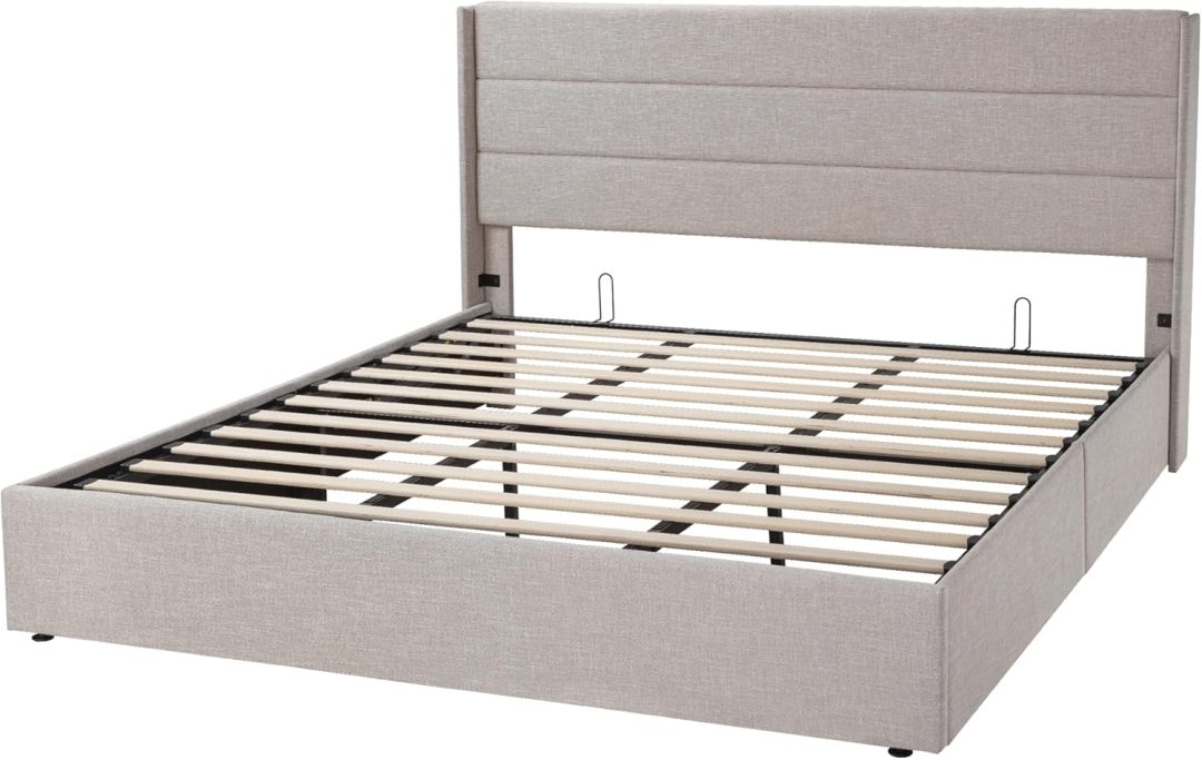 ZenVora Queen Size Lift Up Storage Bed with Wingback Headboard, Upholstered Platform Bed Frame with Hidden Storage